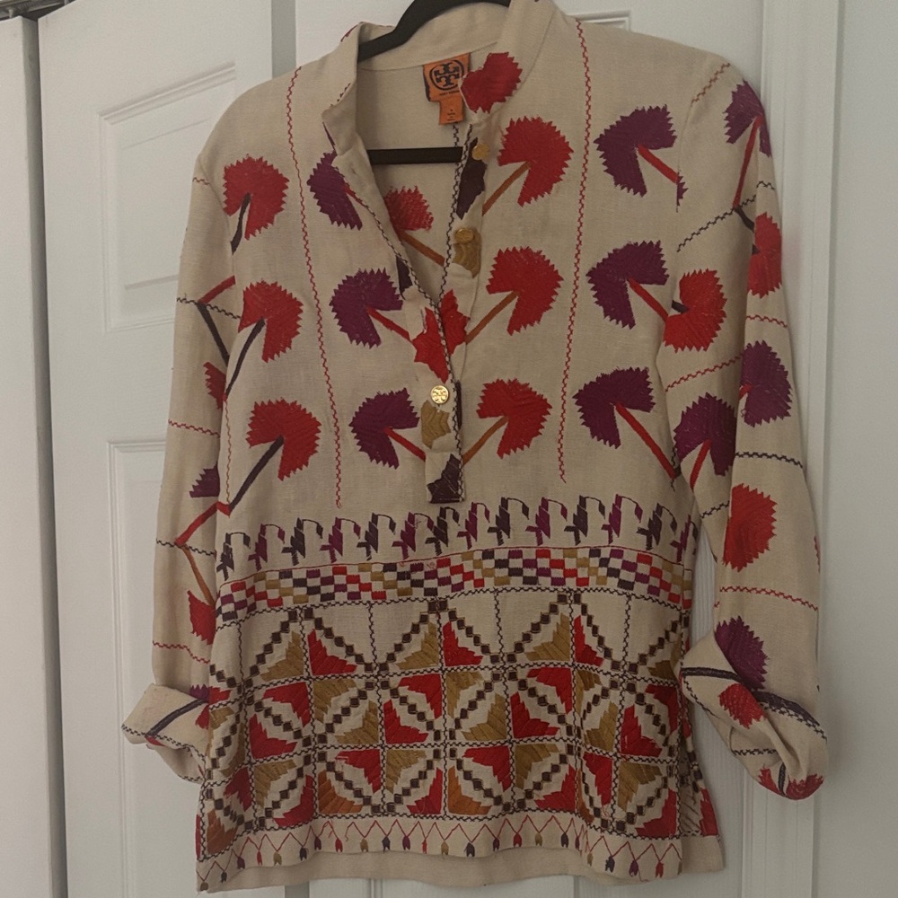 Tory Burch Red and Purple Patterned Blouse